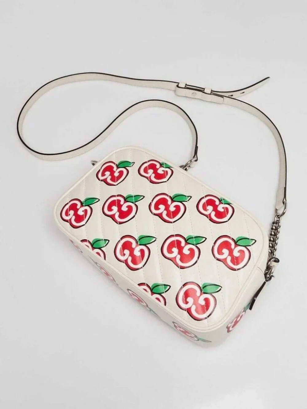 Gucci White Quilted Leather Apple Print Marmont Small Camera Bag
